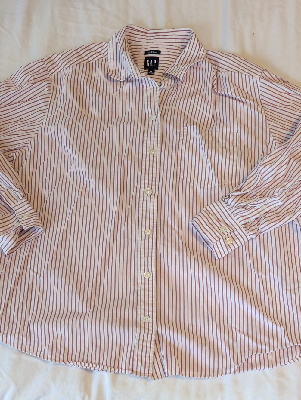 GAP Women's Pink and White Vertical Stripe Button-Up Shirt "The Big Shirt" - M